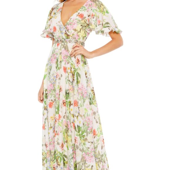 Mac Duggal Dresses & Skirts - NWT Mac Duggal Floral Print Faux Wrap Flutter Sleeve‎ A Line Gown 9079
